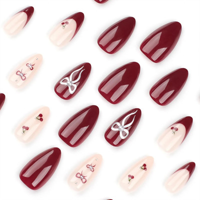 NAKHI 24 Artificial Fake Nail Set|Base maroon color with Silver Bow Design Glossy Nail Maroon(Pack of 24)
