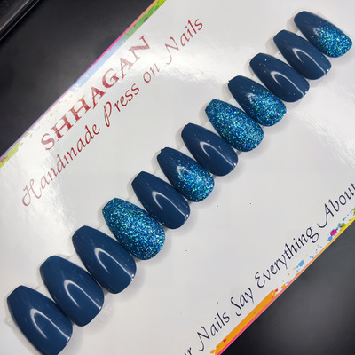 Shhagan Prussian Blue Glitter Ombre Designer Artificial Press-on-Nails with Glue 681 Multicolor(Pack of 12)