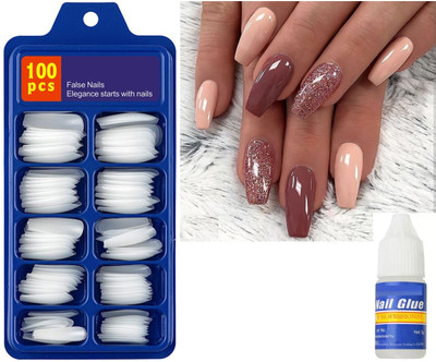 WECHARMERZ Acrylic Artificial Nails With Nail Glue For Women & Girls White White(Pack of 100)