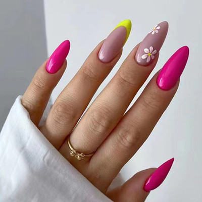 kyiesh Reusable Floral Printed Party look Press on Nails Pink, Peach(Pack of 24)