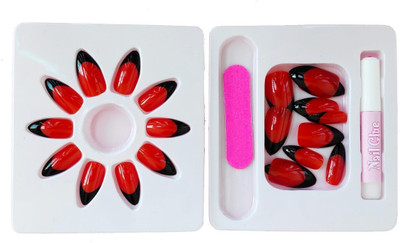 BUZIVENTURES 24PC/SET BEAUTIFUL RED&BLACK ARTIFICIAL REUSABLE NAILS WITH NAIL GLUE RED BLACK, colorful(Pack of 24)