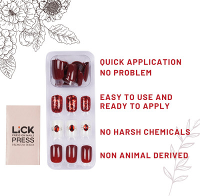 Lick - Press on Nails 30 Pcs Reusable French Manicure Acrylic/False/Fake Press on Nails Extension Glittered and Studded Maroon(Pack of 30)