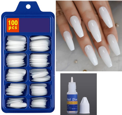 Facejewel 100pcs False Acrylic Fake False Nails Women/Girls all Sizes White(Pack of 100)