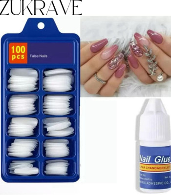 zukrave 100 Acrylic White Tranparent nails with 1 Glue (Pack of 100) white(Pack of 100)
