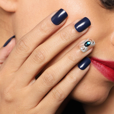 Lick - Press on Nails 30 Pcs Navy Blue Acrylic Reusable False/Artificial Nails with Application Kit Navy Blue With Emerald Green Studs(Pack of 30)