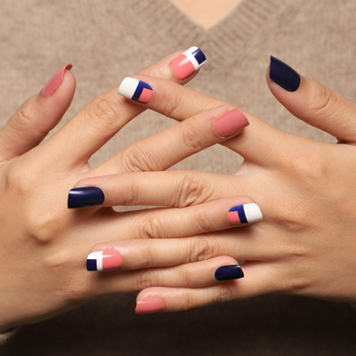 Lick - Press on Nails 12 Pcs Matte Blue Artificial/False Nails Extension Nail Art Acrylic Nails Set Square Shape Royal Blue With White Base And Golden Detailing(Pack of 12)