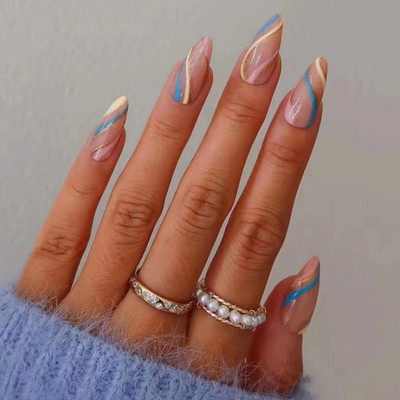 kyiesh Reusable Multi Stripped Press on Nails Peach(Pack of 24)