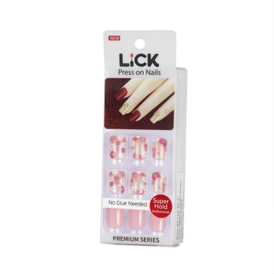 Lick - Press on Nails 30 Pcs Pink Acrylic Reusable Stick on Fake/False Nails With Application Kit Square Shape Baby Pink With Floral Printed(Pack of 30)