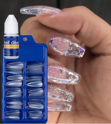 asija makeovers Best Transparent Reusable Fake Nail With Nail Glue transparent(Pack of 100)