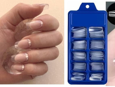 OLETSUN Artificial Transparent Reusable Fake Nail Tips With Nail Glue Transparent Transparent(Pack of 100)