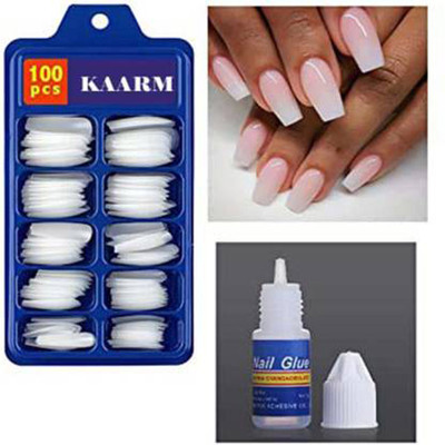 kaarm Acrylic False Nails With Nail Glue Transparent (Pack of 100) WHITE(Pack of 100)
