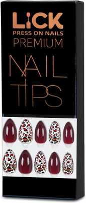 Lick - Press on Nails 12 Pcs Animal Print Acrylic Reusable _ Extension Artificial/False _ Art-957 Dark Burgundy And White Animal Printed Stiletto(Pack of 12)