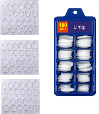 lintip 100pc Artificial False Nails with 3 sheet Double Sided Nail Glue Sticker White(Pack of 100)