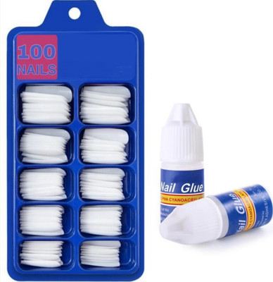 Deeparth Best Quality Artificial Empress Curve 100 Tips Fake Nails With Glue White(Pack of 100)