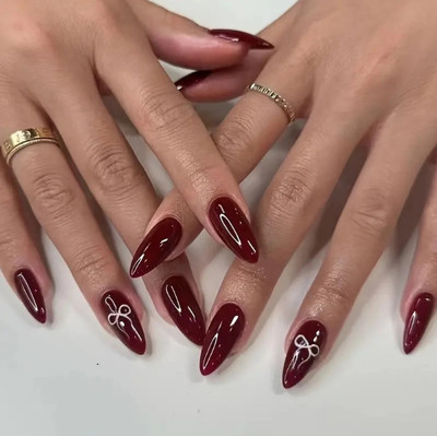 NAKHI 24 Reusable Artificial Nail Set |Base maroon colour with White Bow Design Nails Maroon_bow(Pack of 24)
