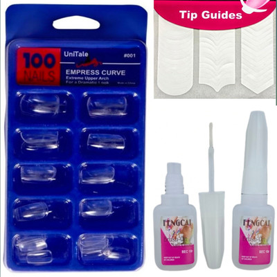 UniTale 100 Pcs Cosmetic Grade None Breakable Transparent Nails, Tip Guide, Strong Glue Transparent(Pack of 100)