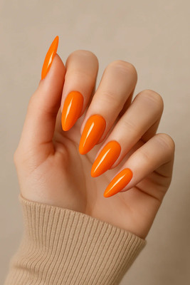 GIRISA Elegant Long Almond Glossy Carrot Orange With Free Glue Kit Carrot Orange(Pack of 14)