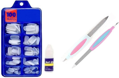 ROODILES 100 White False Nails with Glue & 2 Nail Files – Full Nail Extension Kit WHITE(Pack of 100)