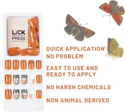 Lick - Press on Nails Artificial Reusable _ Square Shape Burnt Brown And Checkered Geometric Print-618 Burnt Brown With Checkered And Geometric Print(Pack of 30)