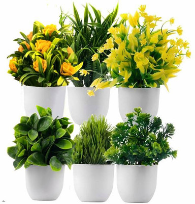 Ryme Mini/Small Pack of 6 Bonsai Wild Artificial Plant  with Pot(15 cm, Green)