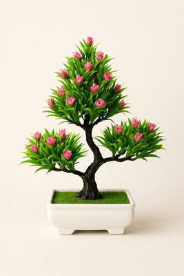 plantworld Artificial Plant Bonsai Wild Artificial Plant  with Pot(35 cm, Green, Pink)