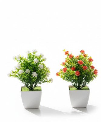 plantworld Decorative Artificial Plant with Flower Bonsai Wild Artificial Plant  with Pot(20 cm, Red, White)