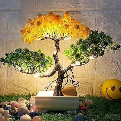 GEARBIRDS Faux Tree for Home Decor - Faux Tree Indoor Decor Bonsai Wild Artificial Plant  with Pot(24 cm, Yellow, Green)
