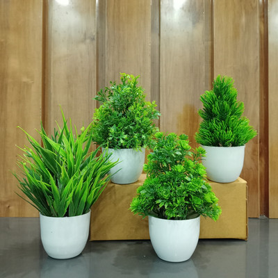 Decogreen 4,P CKBL G, artificial plants For Home, Office Decoration Study Table For Gift Bonsai Wild Artificial Plant  with Pot(16 cm, Green)
