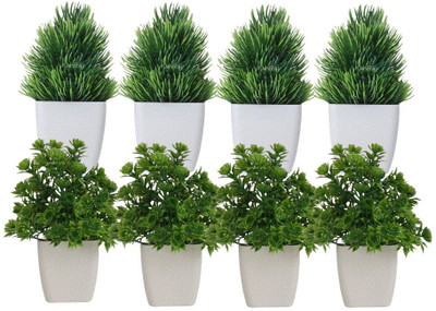 KanRaj Artificial plant with pot pack of 8, green Bonsai Wild Artificial Plant  with Pot(15 cm, Green)