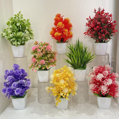 JJ HOMES Set Of 8 flower pot for home and room decoration Wild Artificial Plant with Pot(17 cm, Multicolor)