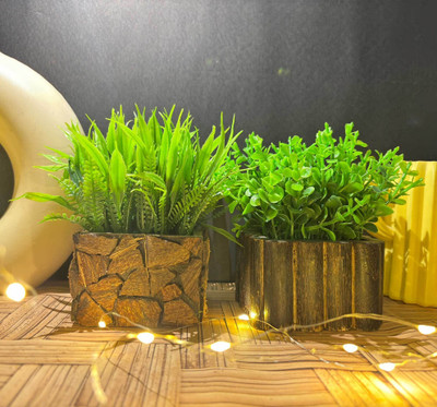 Whandly Fake Plant With Wooden Pot Faux Greenery For Balcony Decoration Home Décor| Mini Bonsai Wild Artificial Plant  with Pot(13.5 cm, Green)