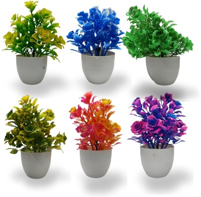 Elegence Craft Elegence Craft's Artificial Plants, Flowers Pack of 6 Bonsai Artificial Plant  with Pot(16 cm, Multicolor)