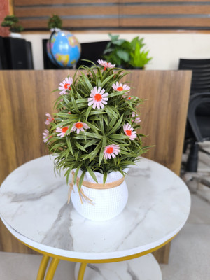 Assembled Artificial Green Leaf Plant in White Ribbed Pot for Home & Office Décor Bonsai Artificial Plant  with Pot(30 cm, Green)