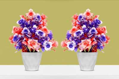 RisEmpire Artificial Plant For Home/Office Table Decoration or Gift ( Pack of 2, 7inch) Blue, Red Rose Artificial Flower  with Pot(6.8 inch, Pack of 17, Flower with Basket)