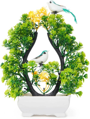 POKA Artificial Plants With Bird For Home, Room decoration, Bedroom, House & wedding Bonsai Wild Artificial Plant  with Pot(23.5 cm, Green, Yellow)