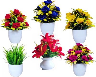 Flora Planet Artificial Plants for Home & Office Decoration 6 Different Mini Size Flowers Pot Bonsai Wild Artificial Plant  with Pot(15 cm, Multicolor)