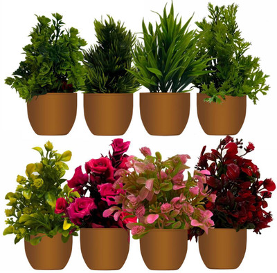 Ryme Set Of 8 Mini Plants With Pot/Vase Bonsai Wild Artificial Plant  with Pot(15 cm, Green)