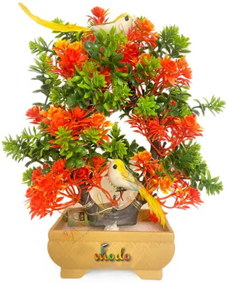 MODO Artificial Bonsoi Tree with Sparrow for Living Room Decor with LED Light Bonsai Wild Artificial Plant  with Pot(23.5 cm, Orange, Green)