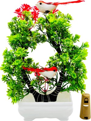 POKA Artificial green plant with sparrow & light for dinning table, bedroom etc. Bonsai Wild Artificial Plant  with Pot(23.5 cm, Multicolor, Red)