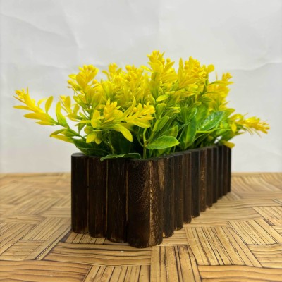 DODECROO Pack of 1 - Artificial Yellow Flower Arrangement in Premium Wooden Pot Bonsai Wild Artificial Plant  with Pot(14 cm, Yellow, Green)