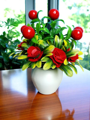 oms Artificial small Flower Plant with pot for home decor Artificial Plant  with Pot(17 cm, Green, Red)
