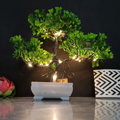 Asharya Artificial Bonsai Plant with LED Light| Pot for Office, Room Decor Bonsai Wild Artificial Plant  with Pot(23 cm, Green)