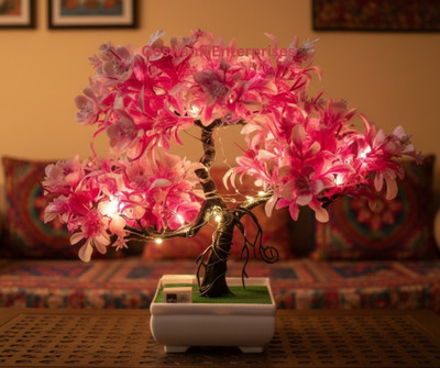 DODECROO LED Artificial Tree with Green mat , Pink and White Shade Leaves Bonsai Artificial Plant  with Pot(24 cm, Pink, White)