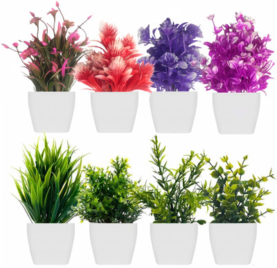 Ryme Small Set of 8 Artificial Plants Bonsai Wild Artificial Plant  with Pot(15 cm, Multicolor)