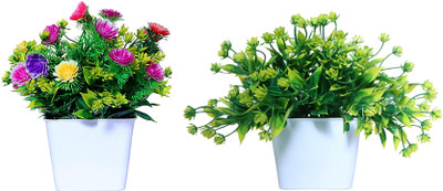 NERAPI Set of 2 Pcs Bonsai Multicolor & Wild Flower Plant Set Wild Artificial Plant  with Pot(17.78 cm, Multicolor, Green)