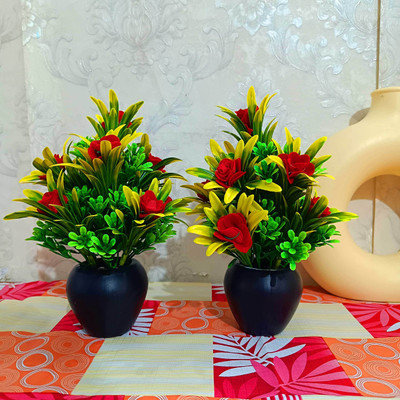 Asharya Set of 2 Artificial Flower Plants with Black Pot for Home & Office Décor Bonsai Wild Artificial Plant  with Pot(20 cm, Multicolor)