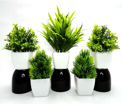 Ramarch Pack of 5 green fern plant decoration for room table mini desk for gift Bonsai Artificial Plant  with Pot(14 cm, Green)