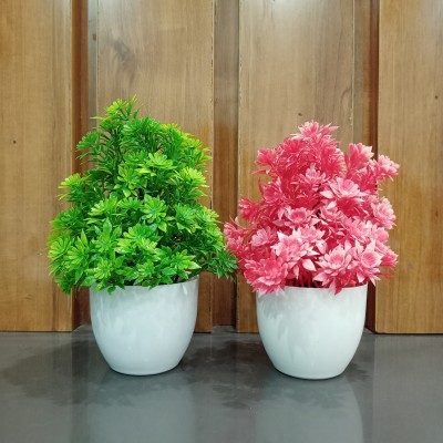 Decogreen 2,P LEAF G,R MINI POT, H, Office Money Plant Living Room Interior Design Garden Bonsai Wild Artificial Plant  with Pot(16 cm, Silver, White, Green, Red)