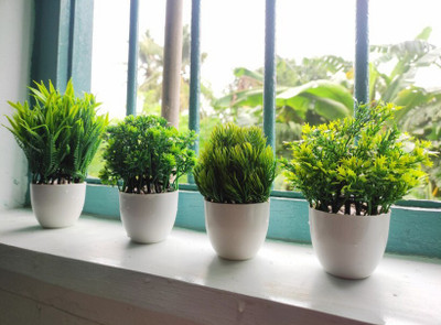 Ryme Small Size Pack Of 4 Bonsai Wild Artificial Plant  with Pot(11 cm, Green)