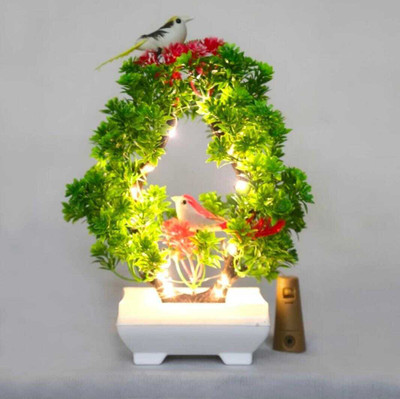 GEARBIRDS Artificial Bonsai Plant with Sparrow for Living Room Decor with LED Light Bonsai Wild Artificial Plant  with Pot(23.5 cm, Green)